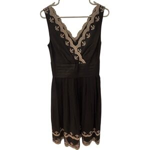 Ann Taylor Black Dress Sleeveless V Neck Gold Silk Embroidered Cocktail‎ Party